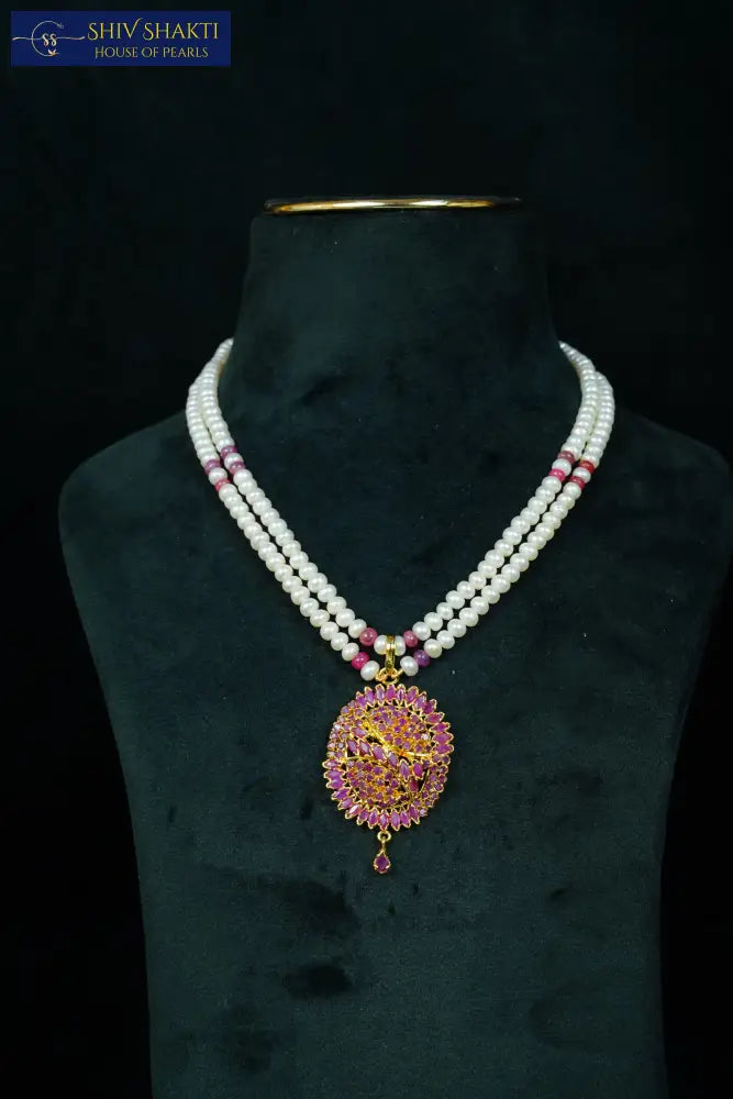 2 Line Ruby Pendant Set Pearl Necklace / Mala