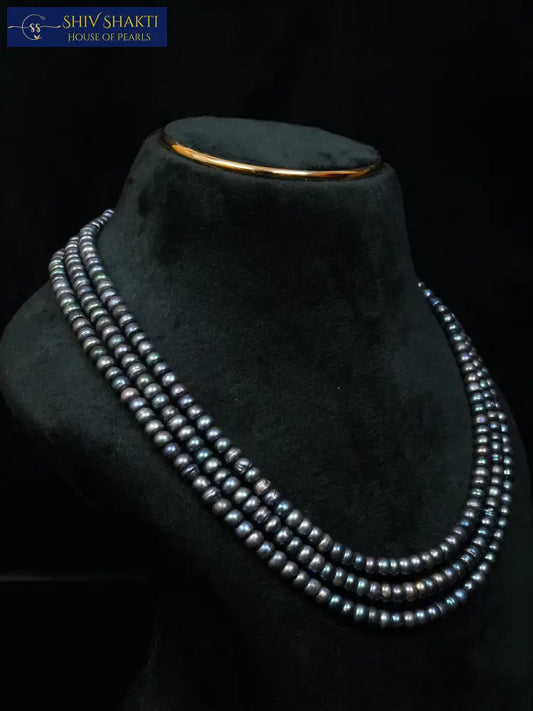 Black Flat Pearl 3 Lines Necklace 16-17 Inches / 4-5mm Necklace / Mala