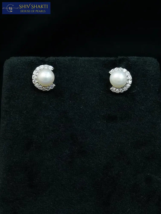 Crystal Half Moon Pearl Stud Pearl Studs