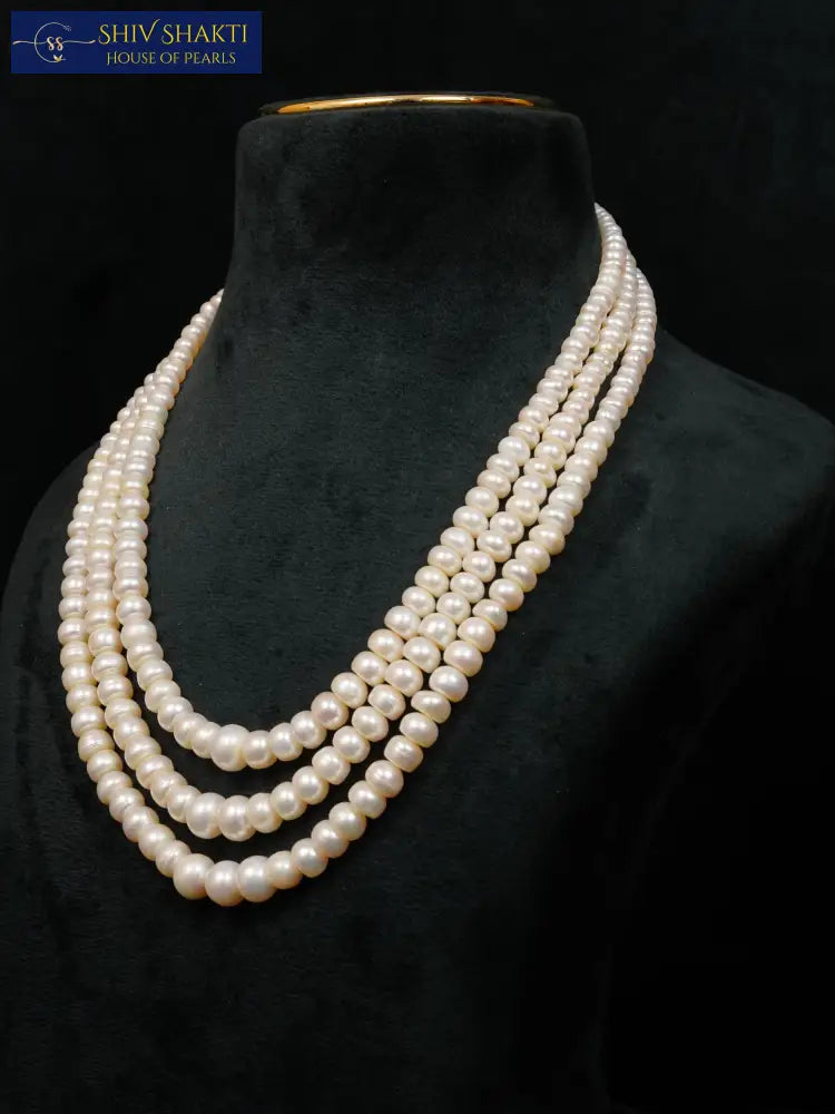 Flat Pearl Mala 3 Lines 20-21 inches / 3-4 mm Necklace / Mala