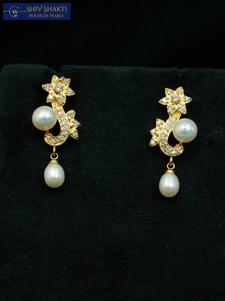 Golden Floral Pearl Drop Earring Pearl Earrings