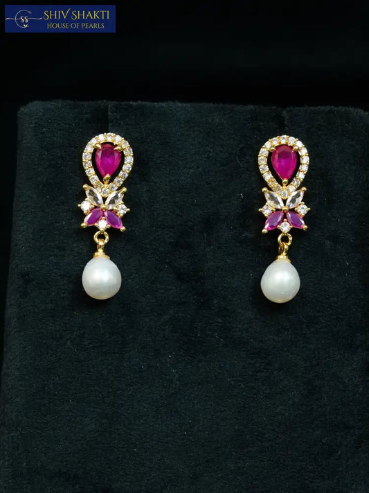 Golden Ruby Floral Pearl Drop Pearl Earrings