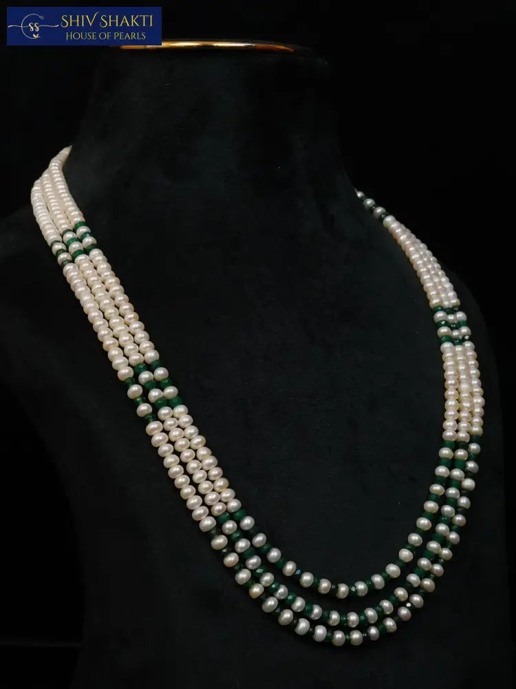 Green Stone with Pearl 3 lines Necklace / Mala