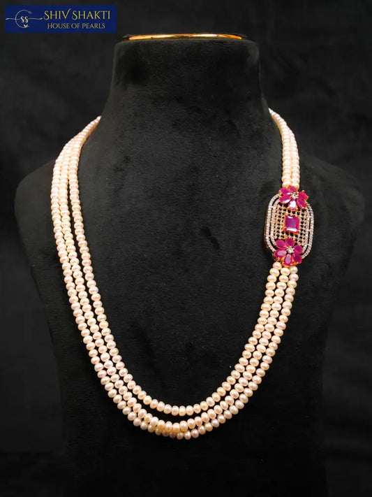 Pearl Brooch With CZ onyx Necklace / Mala