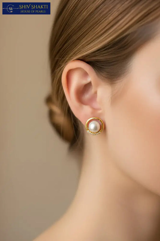 Pearl Stud With Gold Halo Design Pearl Studs