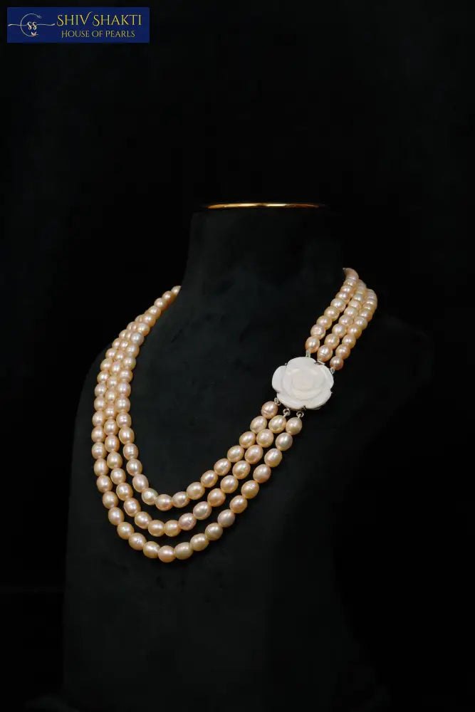 Rose Pearl Brooch Necklace 4-5 mm / 20-21 inches Necklace / Mala