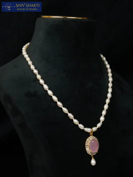 Rose Quarts Pendant with Pearl Necklace / Mala
