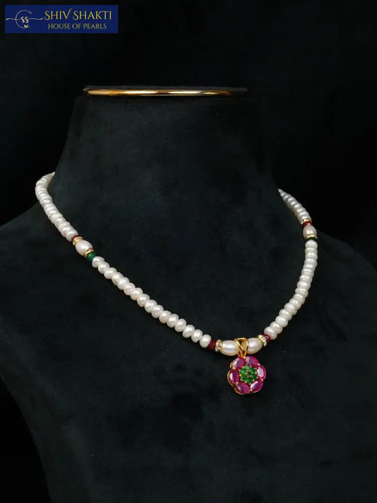 Ruby Emerald Flower Pendant Necklace / Mala