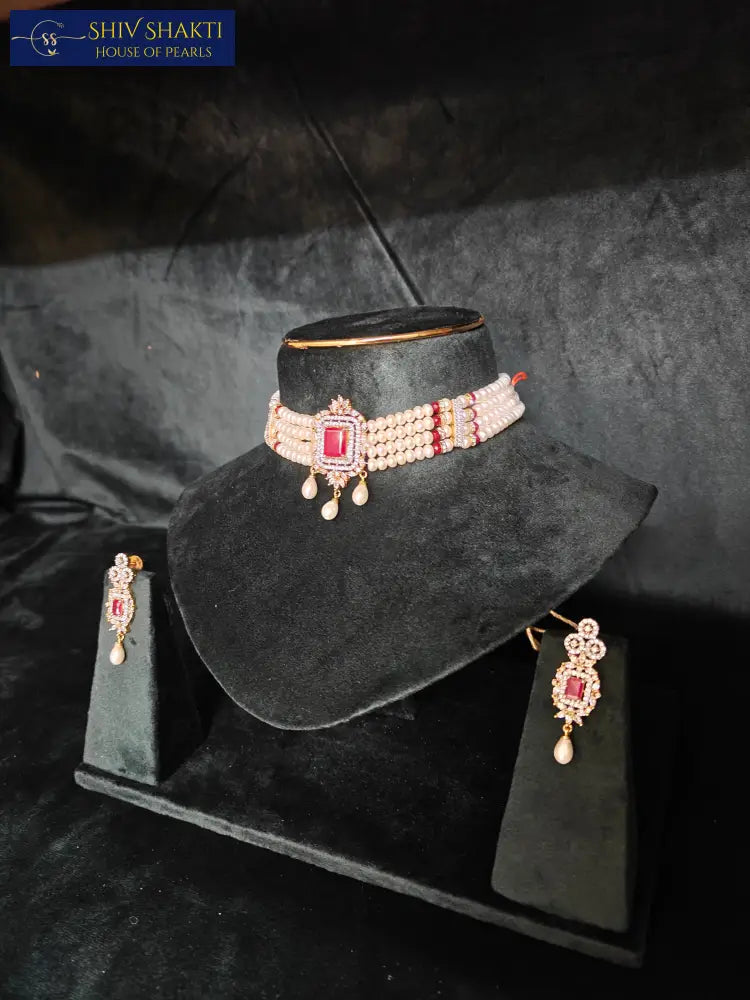 Ruby Pearl Choker Necklace / Mala