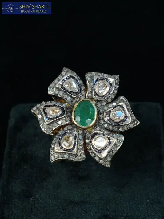 Silver Emerald diamond cut Polki Ring Silver Jewellery
