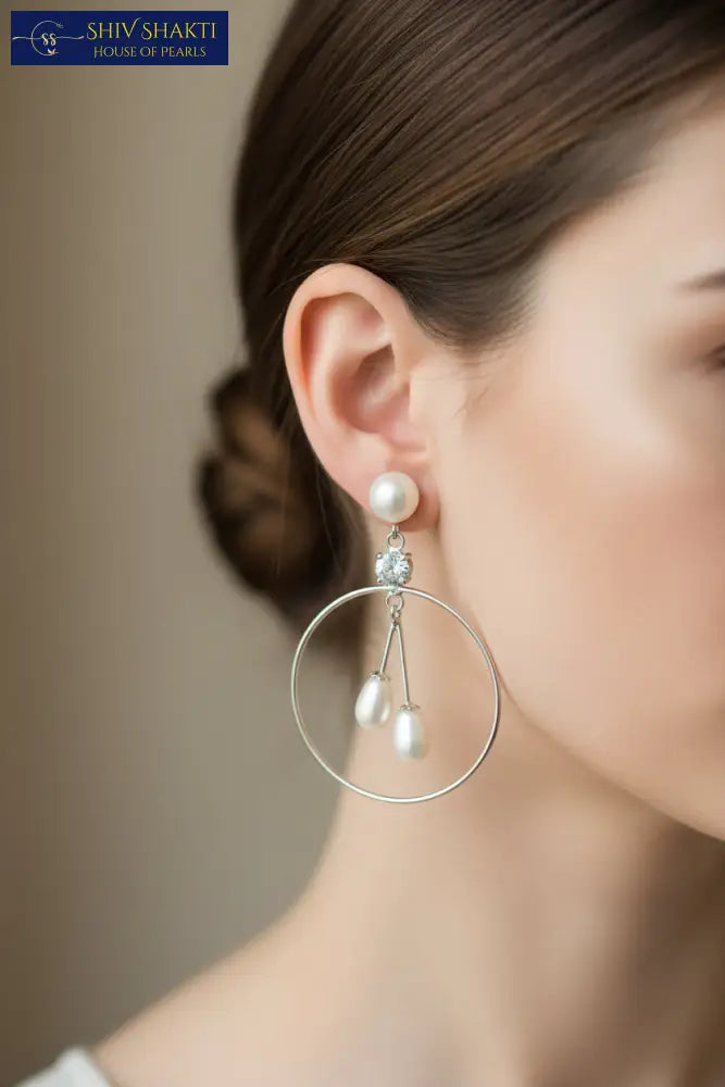 Silver Pearl Hoop Dangler Earring Pearl Earrings