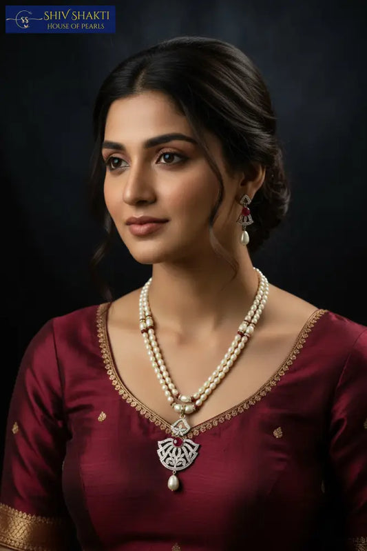 2 Line Beautiful CZ Necklace Pearl Necklace / Mala