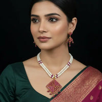 2 Line Classic Ruby Set Pearl Necklace / Mala