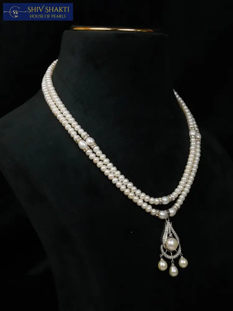 2 Line Drop Pearl Pendant Pearl Necklace / Mala