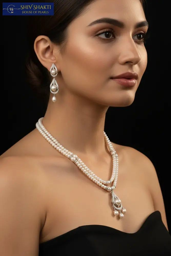 2 Line Drop Pearl Pendant Pearl Necklace / Mala