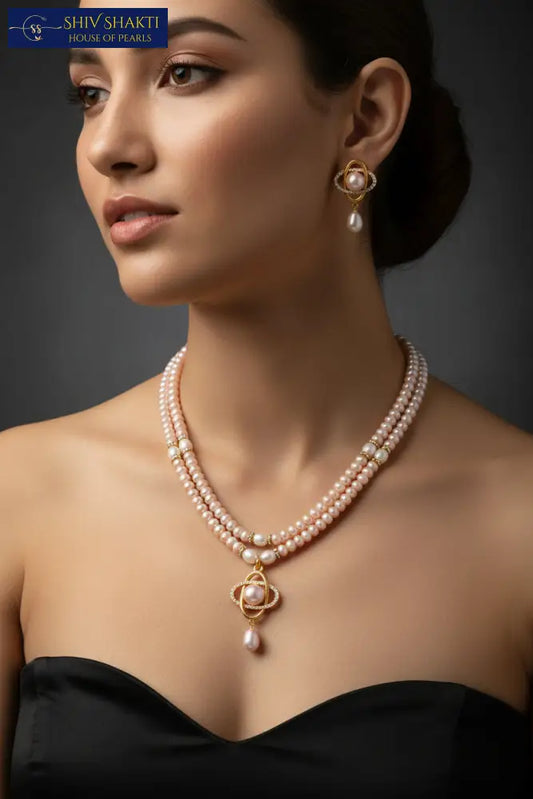 2 line Pearl Cross Pendant Pearl Necklace / Mala