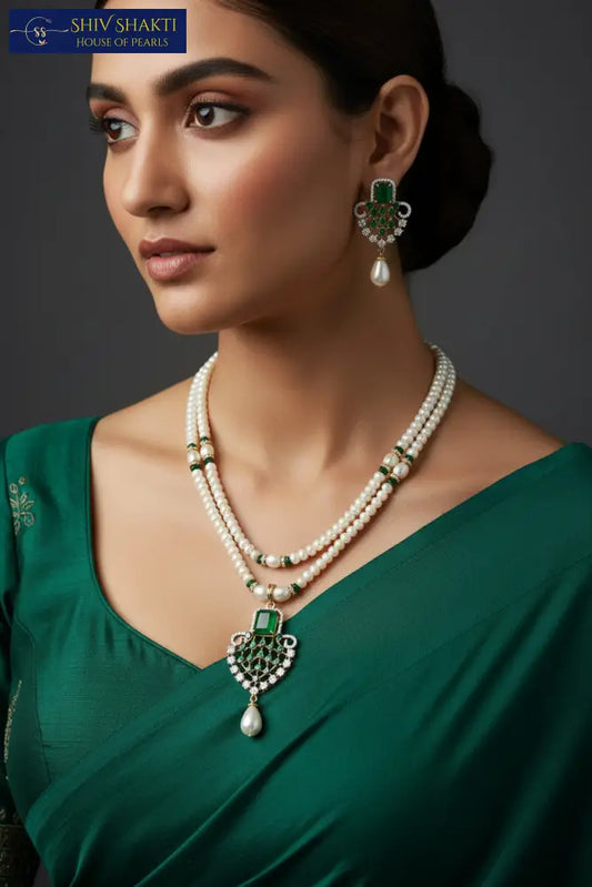 2 Line Pearl CZ Necklace Pearl Necklace / Mala