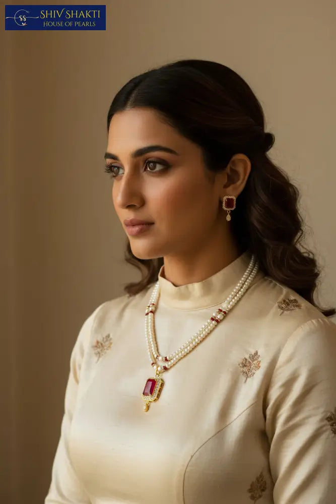 2 Line Pearl Onyx Necklace Pearl Necklace / Mala