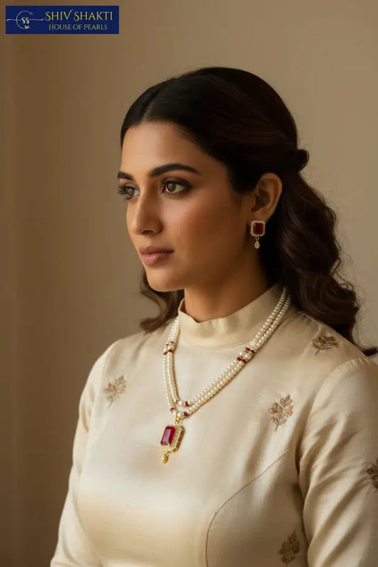 2 Line Pearl Onyx Necklace Pearl Necklace / Mala