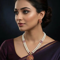 2 Line Ruby Pendant Set Pearl Necklace / Mala