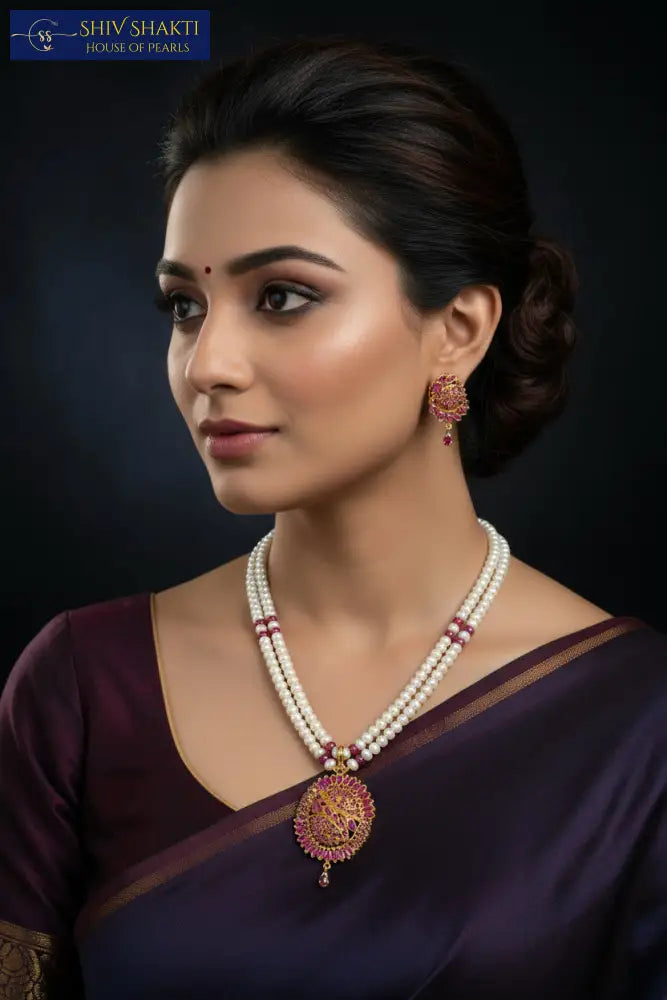 2 Line Ruby Pendant Set Pearl Necklace / Mala