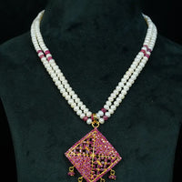 2 Line Ruby Square Necklace Pearl Necklace / Mala