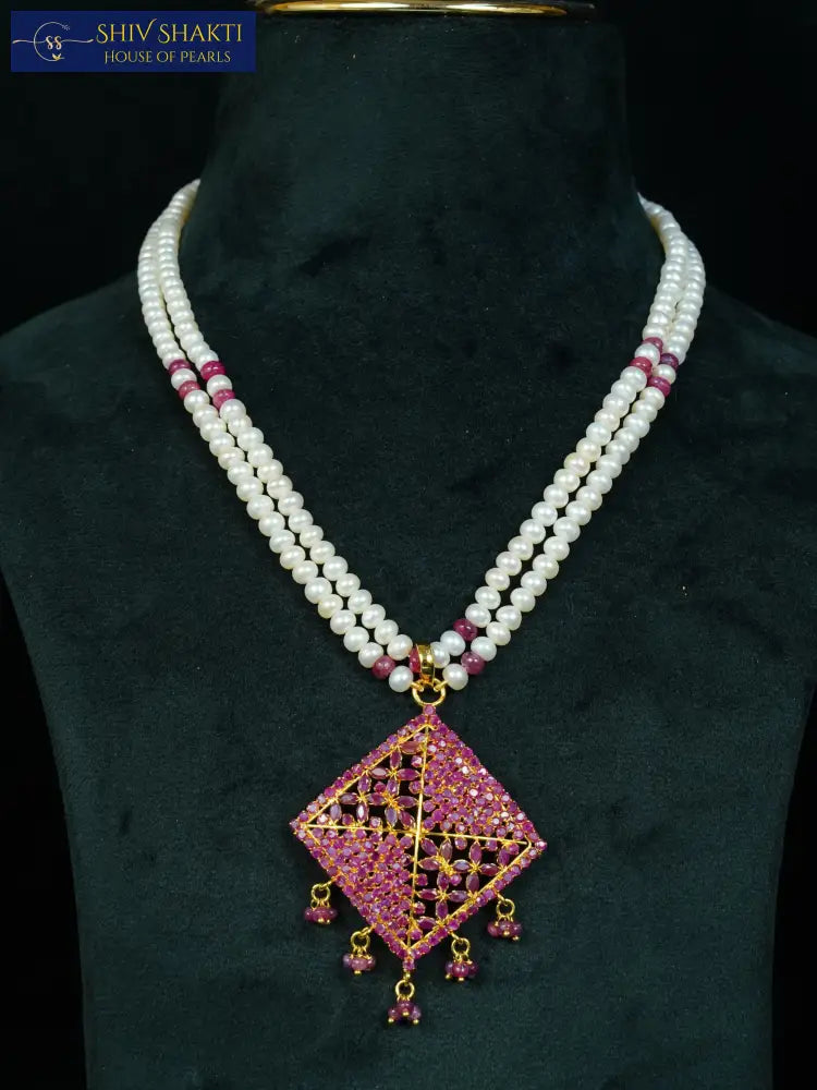 2 Line Ruby Square Necklace Pearl Necklace / Mala
