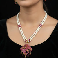 2 Line Ruby Square Necklace Pearl Necklace / Mala