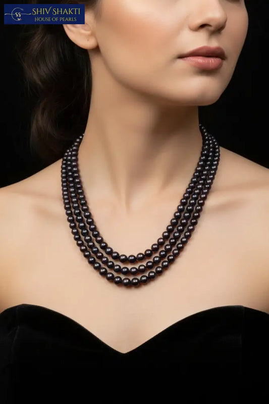 3 Line Black Pearl Grace Necklace / Mala