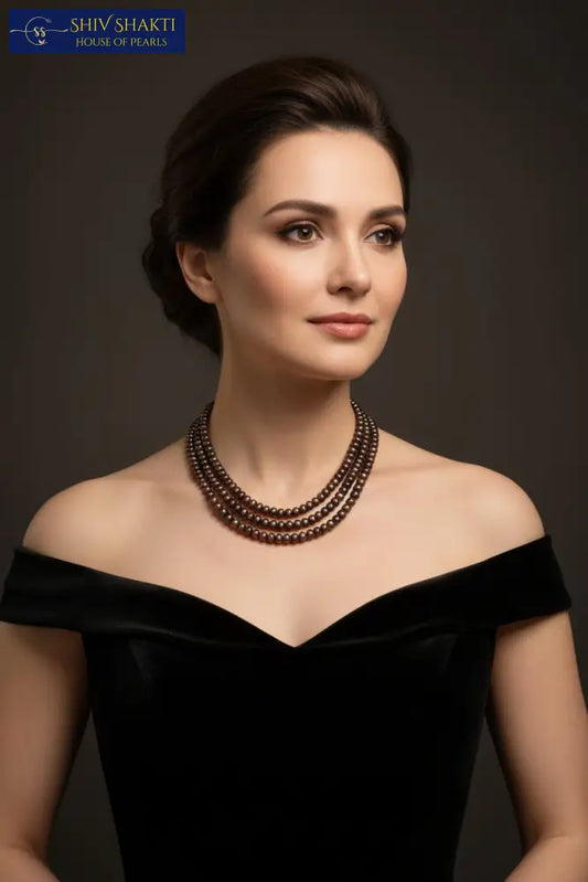 3 Line Brown Majestic Pearl Necklace Necklace / Mala