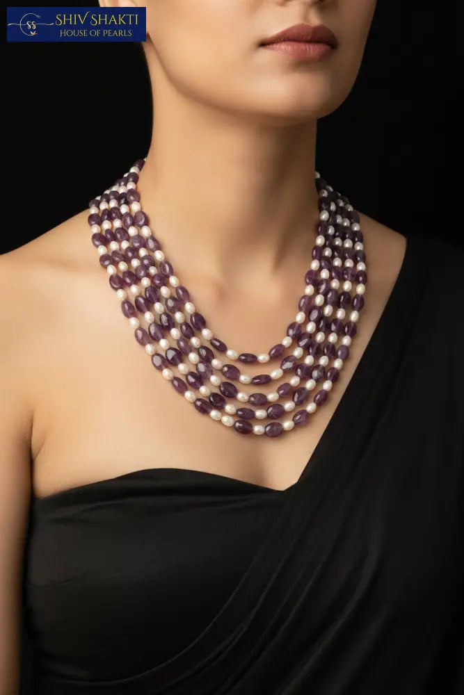 AMETHYST STONE WITH PEARL Necklace / Mala