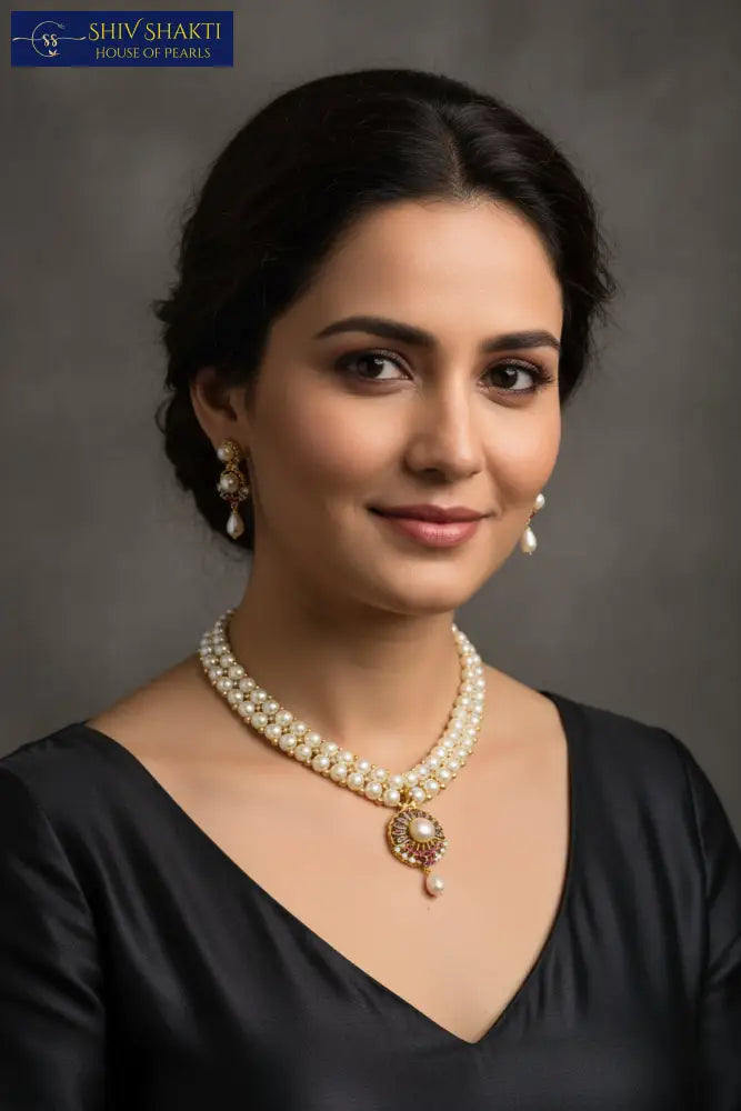 Pearl necklace with a pendant on a black stand