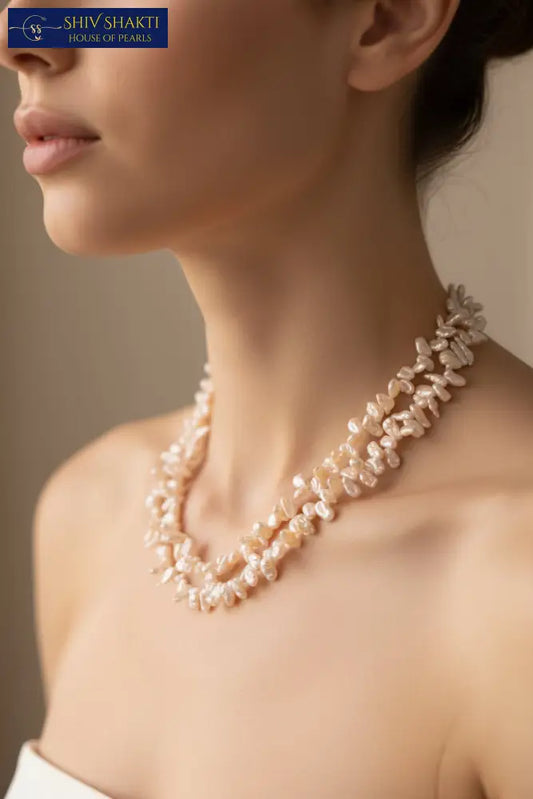 Baroque Pearl Double Strand Necklace - Natural Pink Freshwater Pearls Necklace / Mala