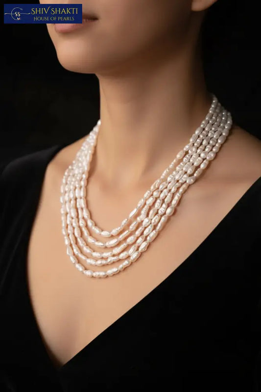 Baroque Pearl Necklace – 5 Line Layered Design (17–21 inches) Necklace / Mala