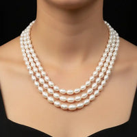 Beautiful Oval Pearl 3 Lines Necklace / Mala