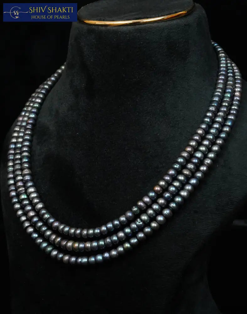 Black Flat Pearl 3 Lines Necklace 16-17 Inches / 4-5mm Necklace / Mala