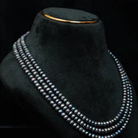 Black Flat Pearl 3 Lines Necklace 16-17 Inches / 4-5mm Necklace / Mala
