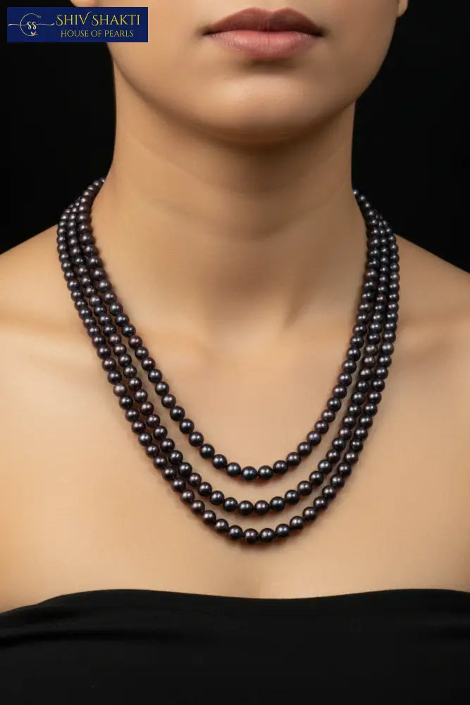 Black Flat Pearl 3 Lines Necklace / Mala