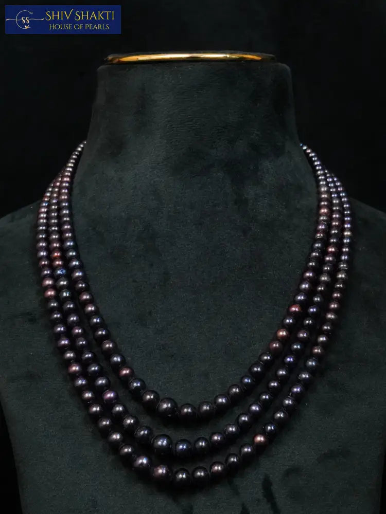Black Flat Pearl 3 Lines Necklace / Mala