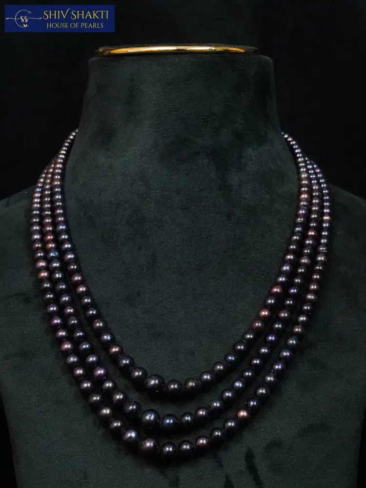 Black Flat Pearl 3 Lines Necklace / Mala