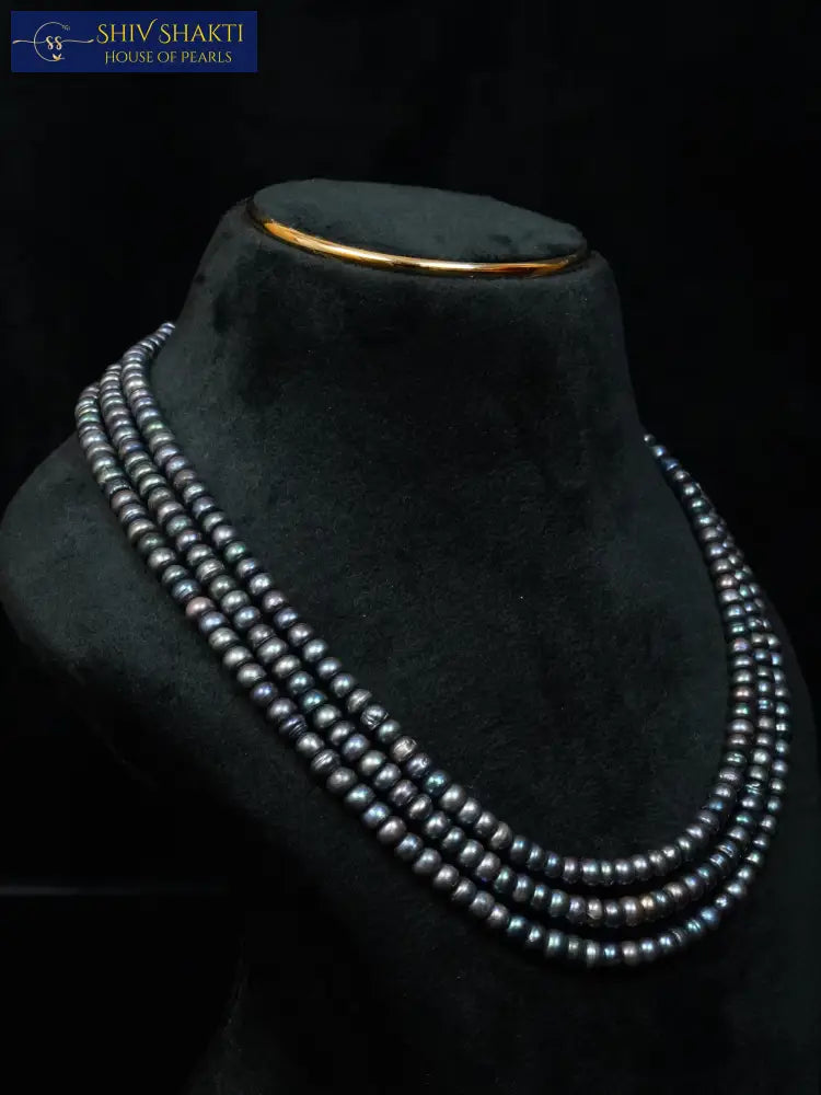 Black Flat Pearl Three Line Mala Necklace / Mala