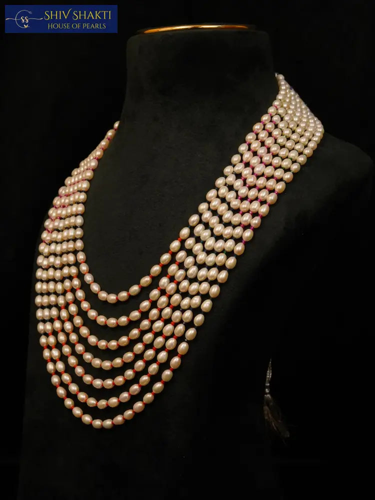Bold Oval Pearl Seven Line 4-5mm Necklace / Mala