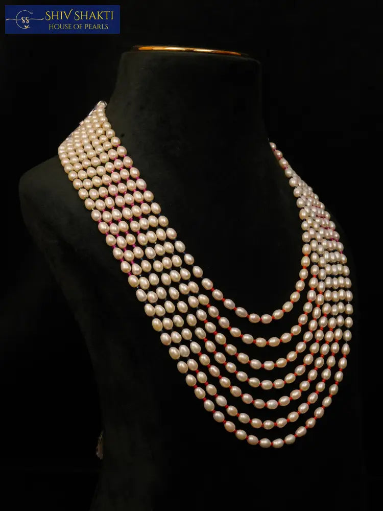 Bold Oval Pearl Seven Line 4-5mm Necklace / Mala