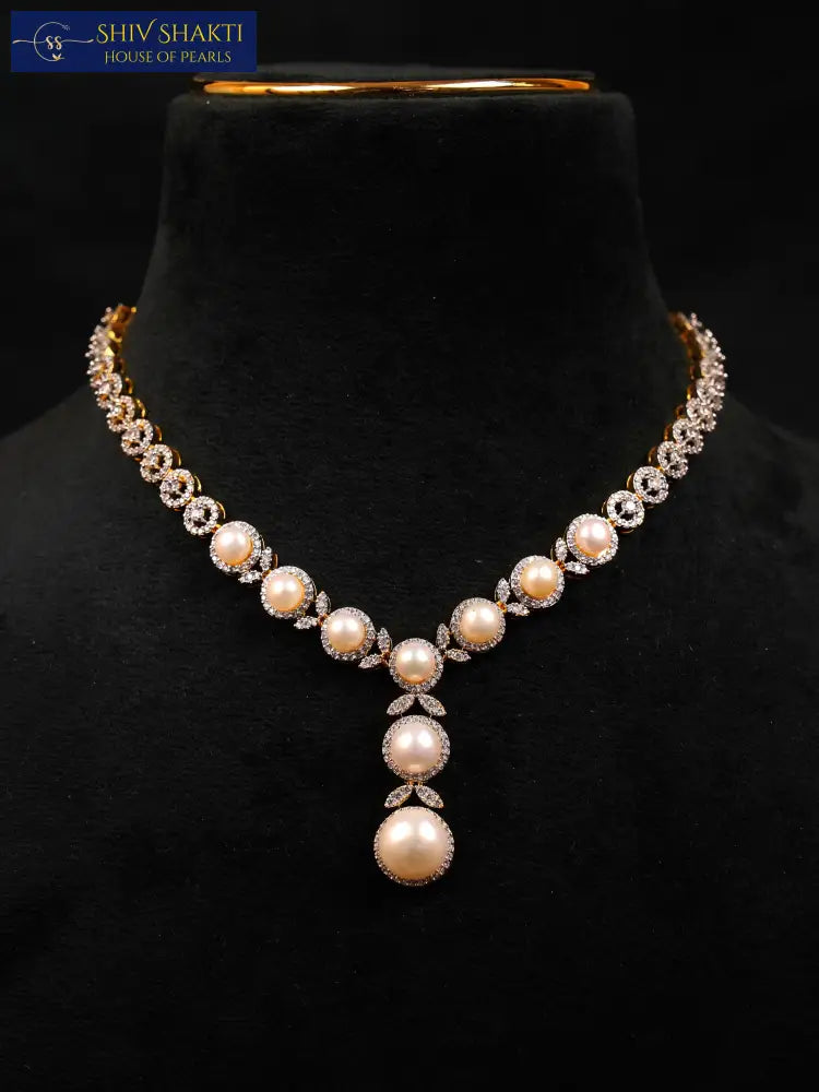 Button Pearl With CZ Stone Necklace / Mala