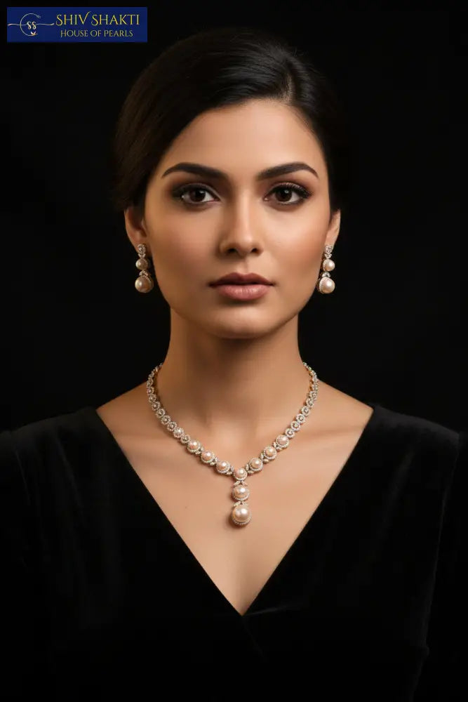 Button Pearl With CZ Stone Necklace / Mala