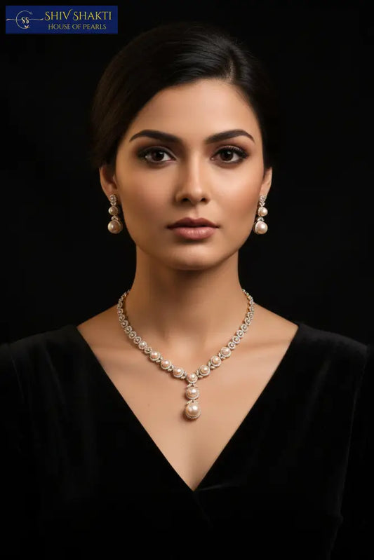 Button Pearl With CZ Stone Necklace / Mala