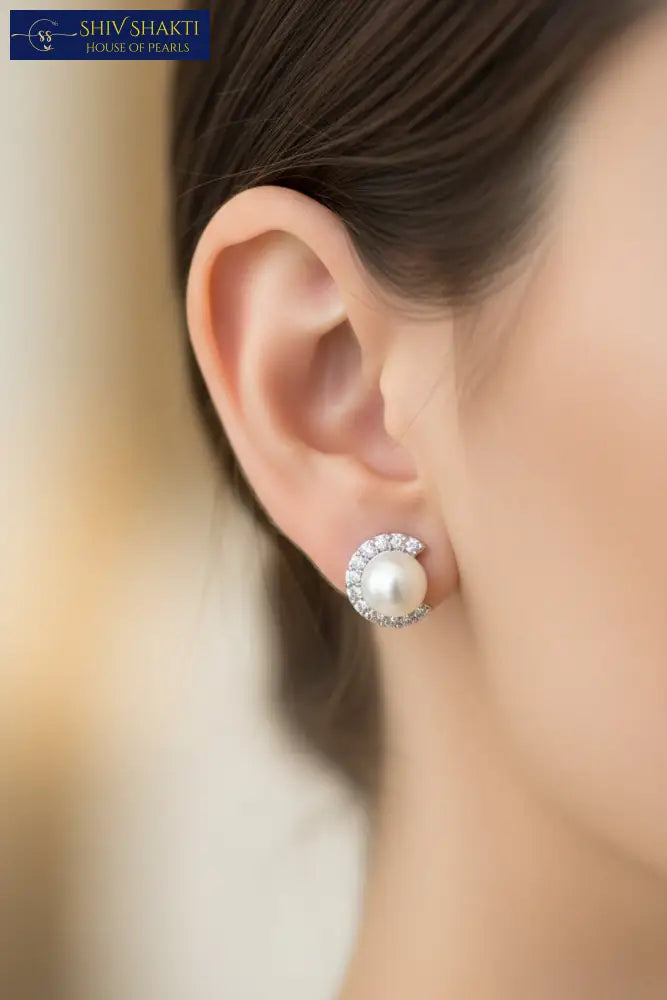 Crystal Half Moon Pearl Stud Pearl Studs