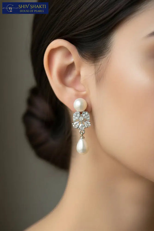 Diamond Cluster Pearl Dangle Pearl Earrings