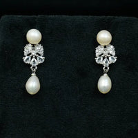Diamond Cluster Pearl Dangle Pearl Earrings