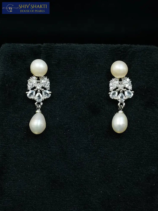 Diamond Cluster Pearl Dangle Pearl Earrings